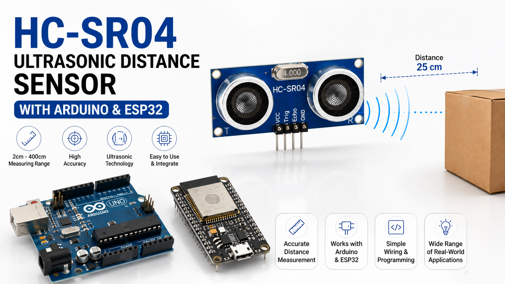 HC-SR04 ultrasonic distance sensor with Arduino Uno and ESP32 measuring the distance to an object