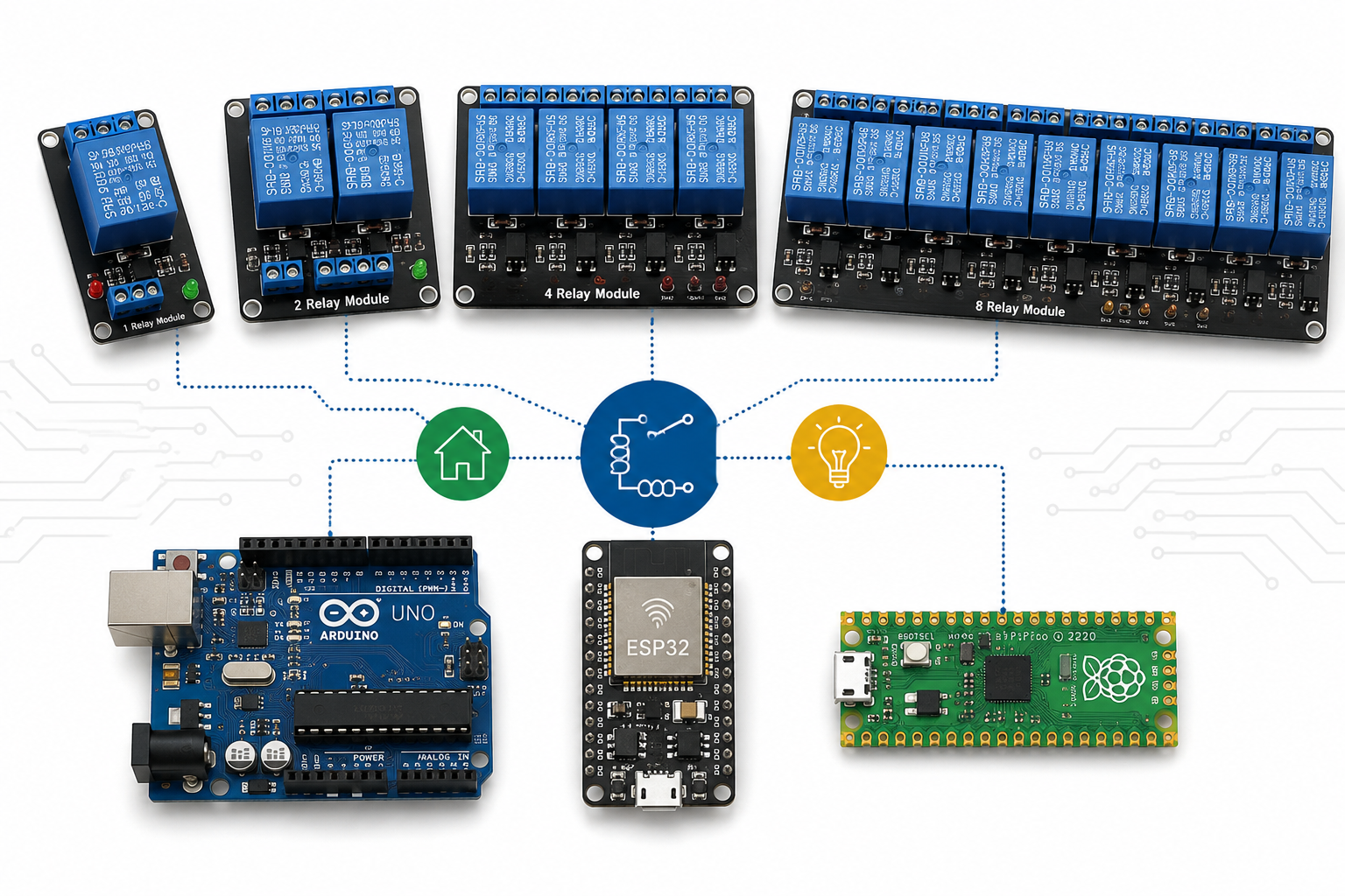 Relay Module Complete Guide showing different relay modules used with Arduino, ESP32, Raspberry Pi and automation projects