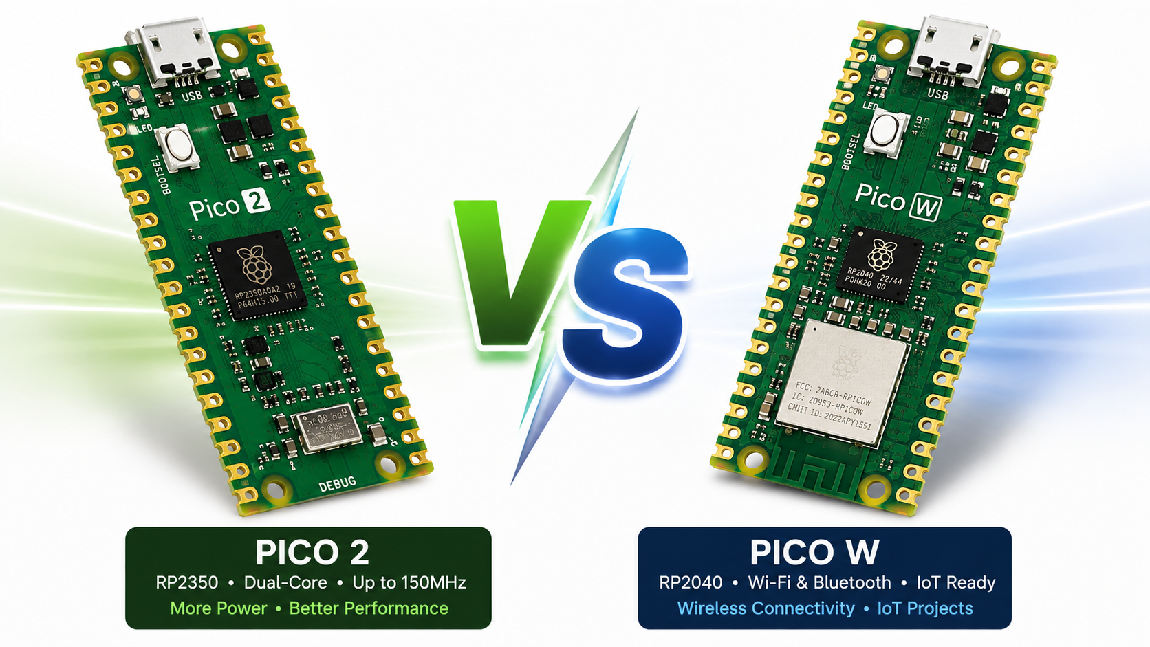 Raspberry Pi Pico 2 vs Raspberry Pi Pico W complete comparison showing RP2350 and RP2040 development boards side by side with VS for performance, Wi-Fi, and hardware features.