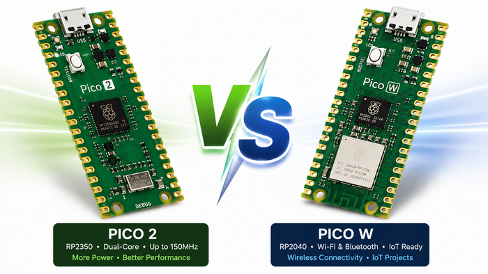 Raspberry Pi Pico 2 vs Raspberry Pi Pico W complete comparison showing RP2350 and RP2040 development boards side by side with VS for performance, Wi-Fi, and hardware features.