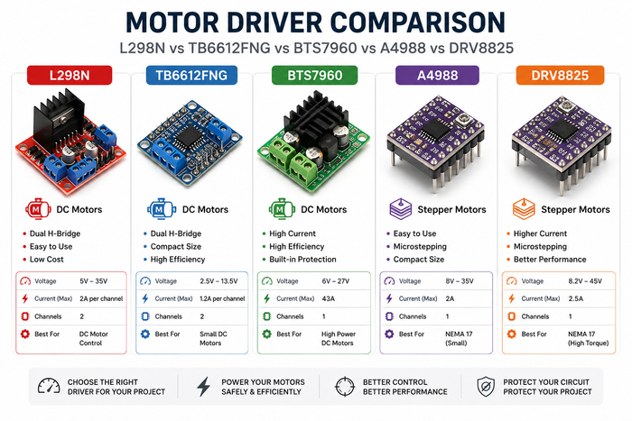 Arduino Motor Driver Comparison featuring L298N, TB6612FNG, BTS7960, A4988, and DRV8825 modules for robotics, CNC, and automation projects.