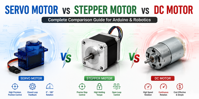 Servo Motor vs Stepper Motor vs DC Motor comparison showing three common motor types used in Arduino, robotics, CNC machines, and automation projects.
