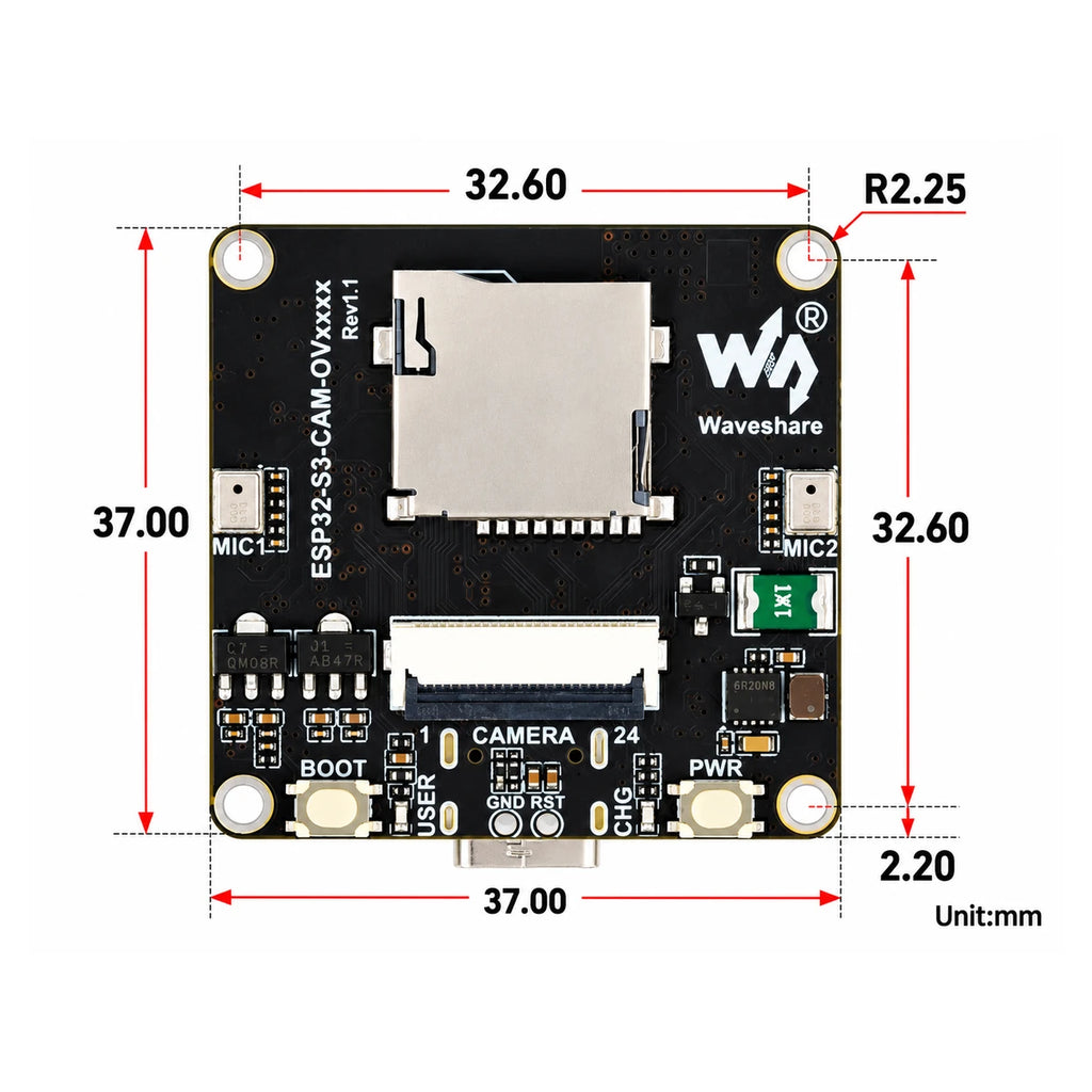 OV5640 camera ESP32-S3 development board dimensions