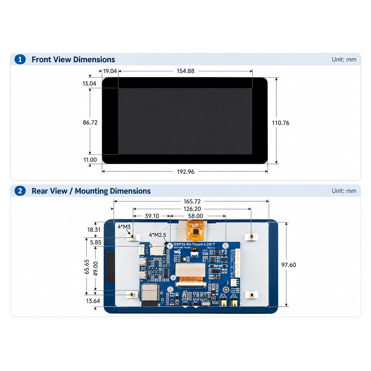 Waveshare 7 inch ESP32 HMI display dimensions
