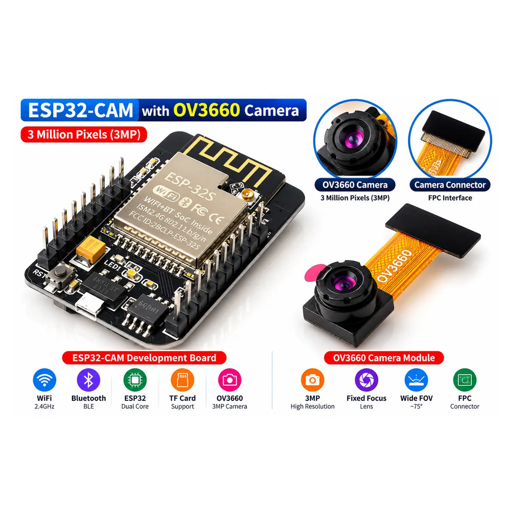 ESP32 camera board showing ESP-32S WiFi Bluetooth module