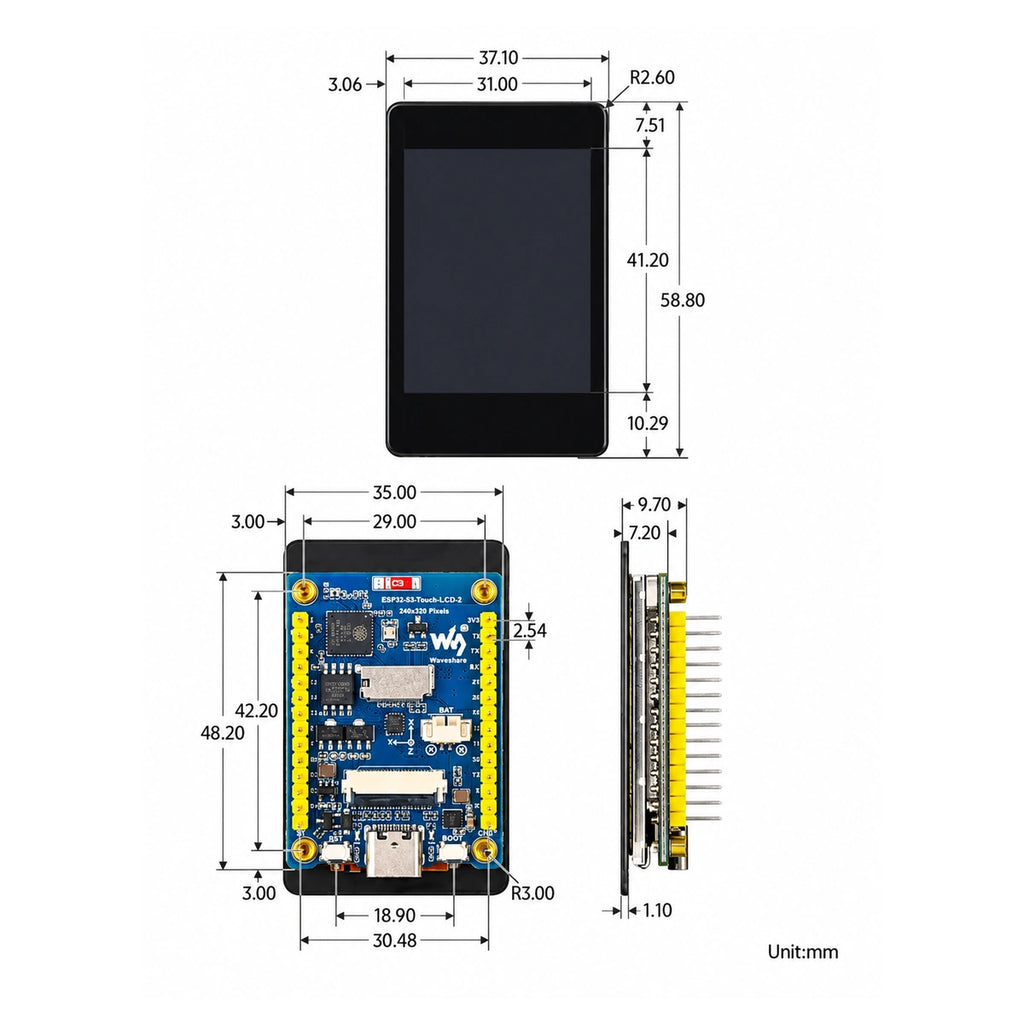Waveshare 2 inch ESP32 touch display dimension