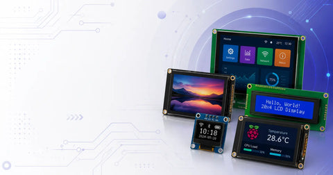 Collection of various LCD displays on a white background with digital interface elements.