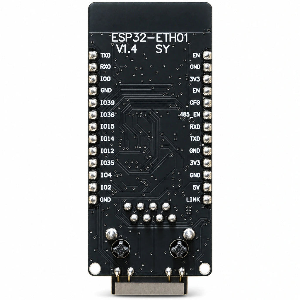 ESP32-ETH01 V1.4 rear side showing GPIO power and communication pin labels