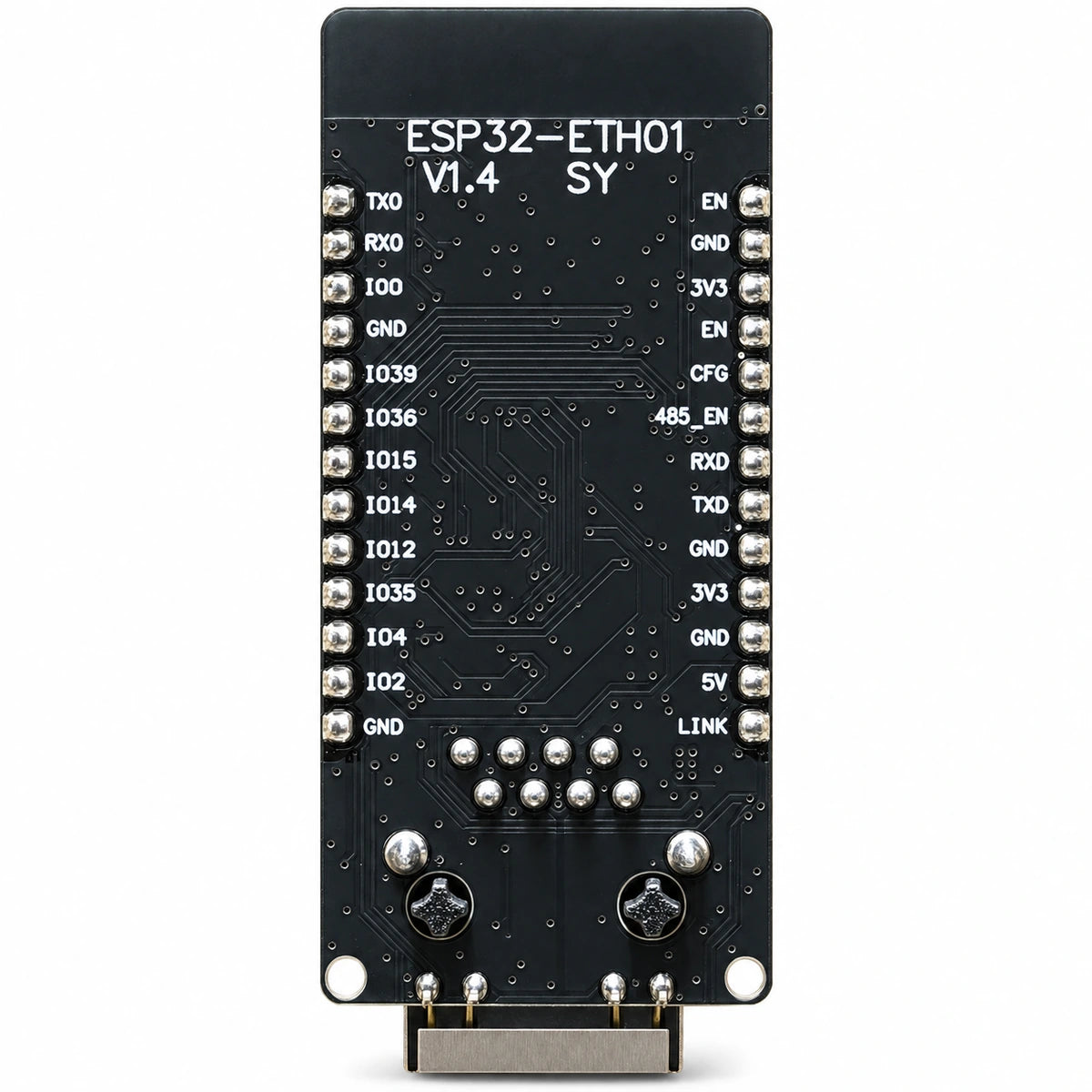 ESP32-ETH01 V1.4 rear side showing GPIO power and communication pin labels