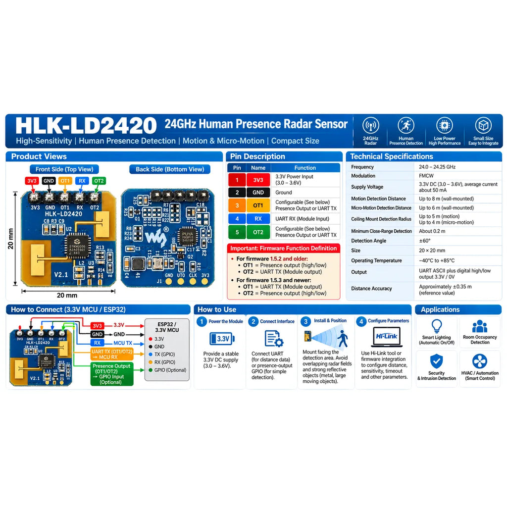 LD2420 3.3V human detection sensor for embedded projects