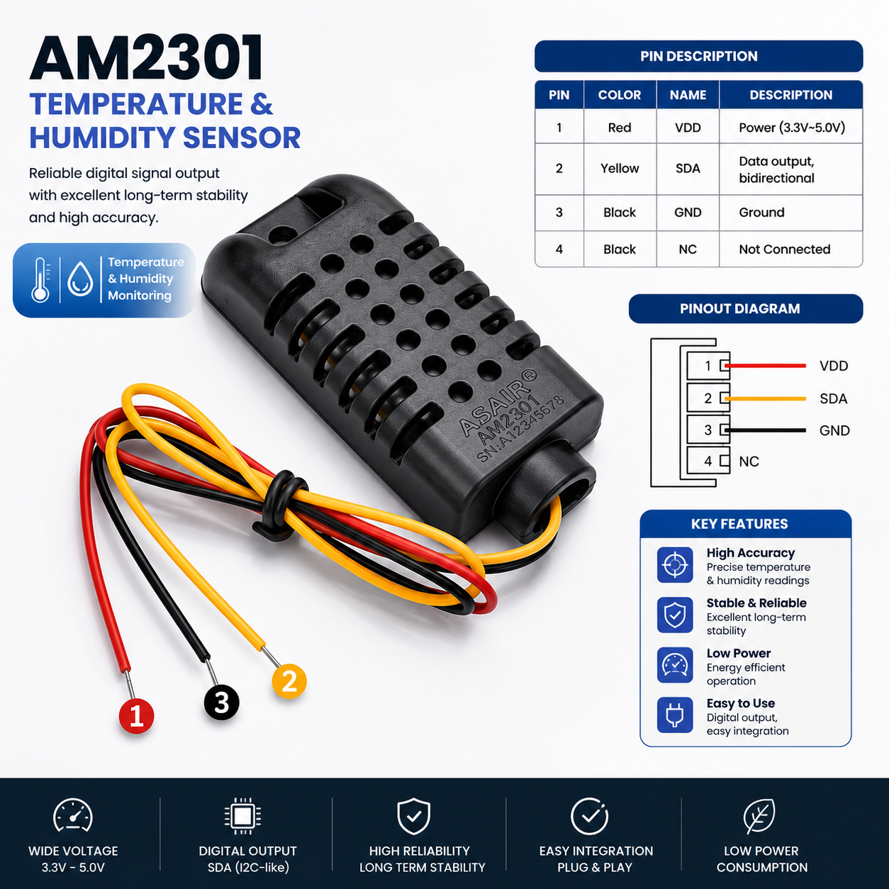 AM2301 temperature humidity sensor 3-wire connection