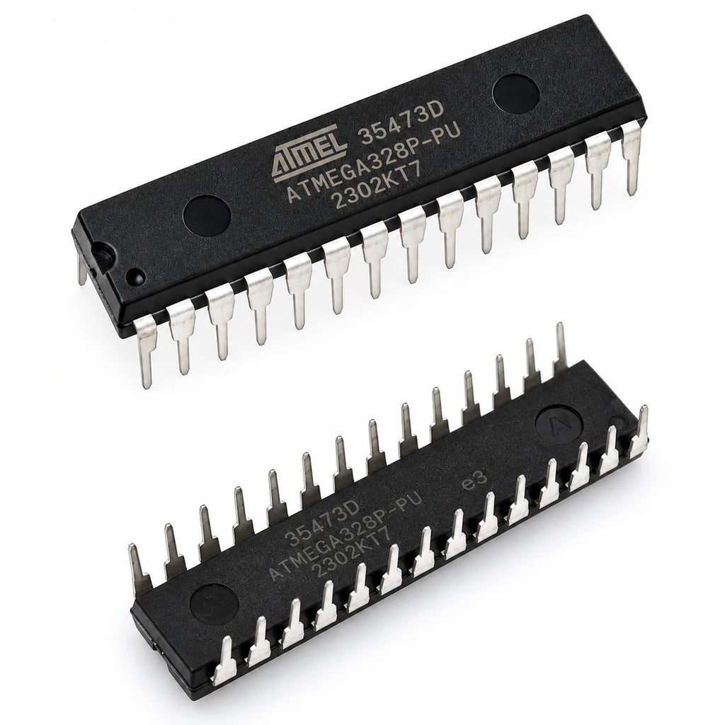ATmega328P-PU 28-pin DIP microcontroller IC front and back