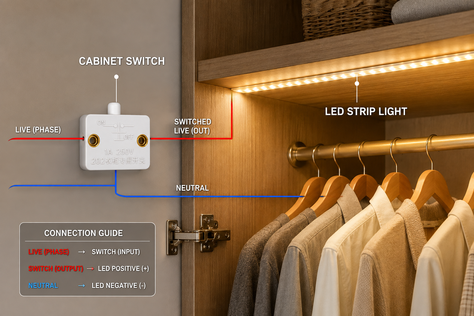 Cabinet Light Switch with Connection Terminals