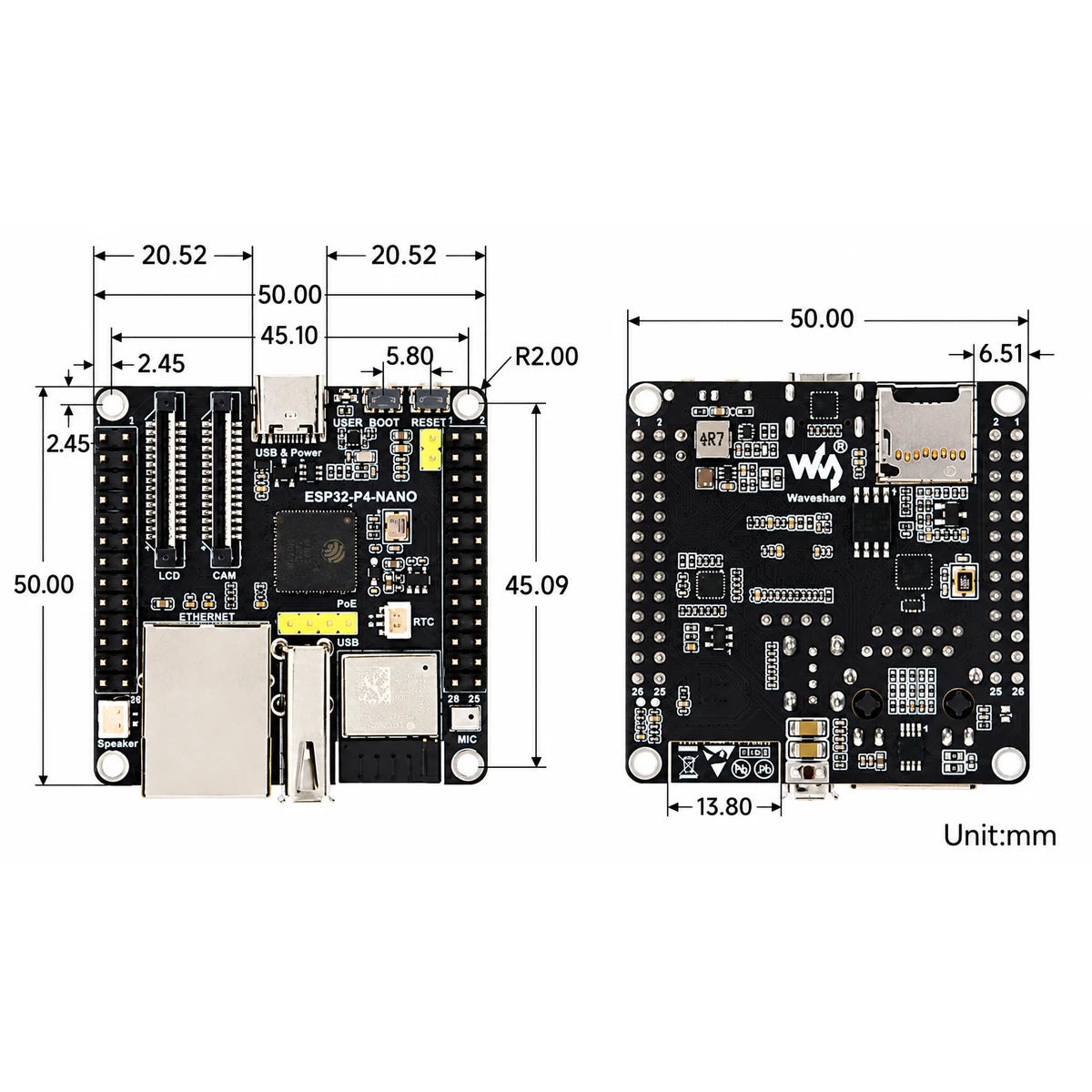 ESP32-P4-NANO development board dimensions