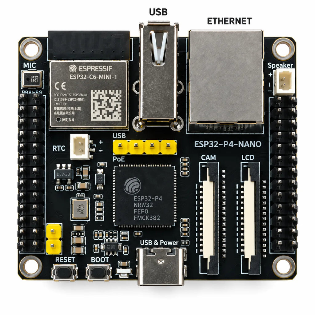Waveshare ESP32-P4-NANO development board with Ethernet, MIPI interfaces and included speaker