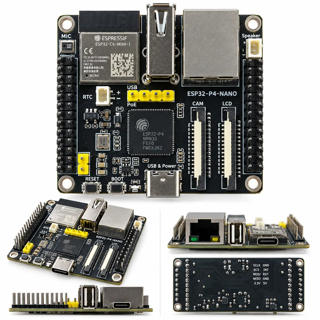 ESP32-P4-NANO board with Ethernet USB and camera display interfaces