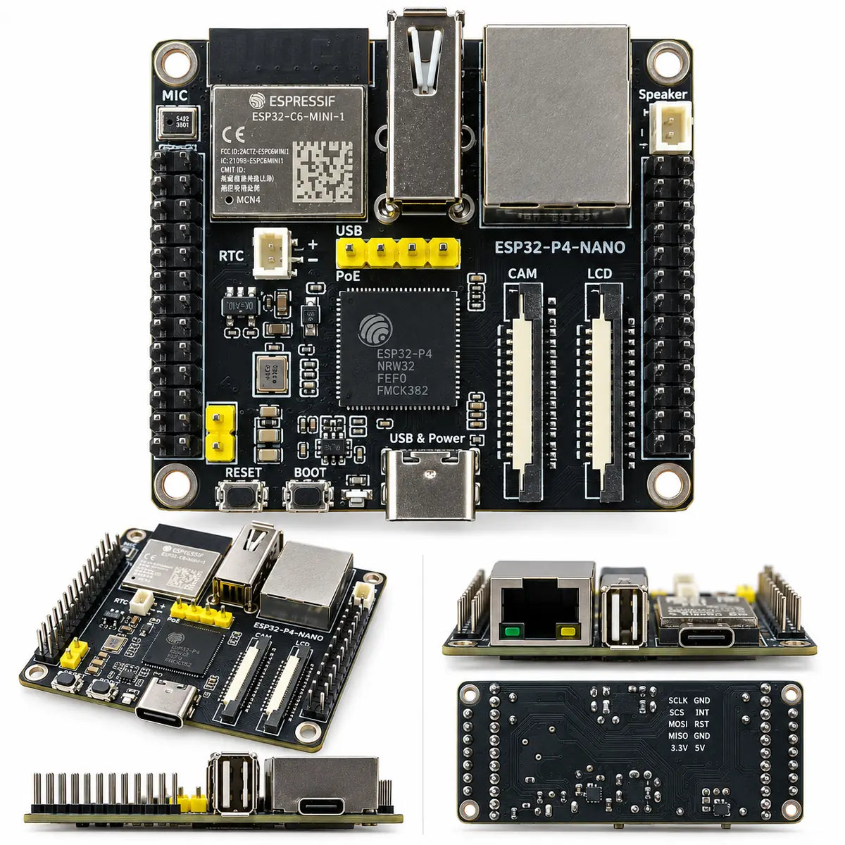 ESP32-P4-NANO board with Ethernet USB and camera display interfaces