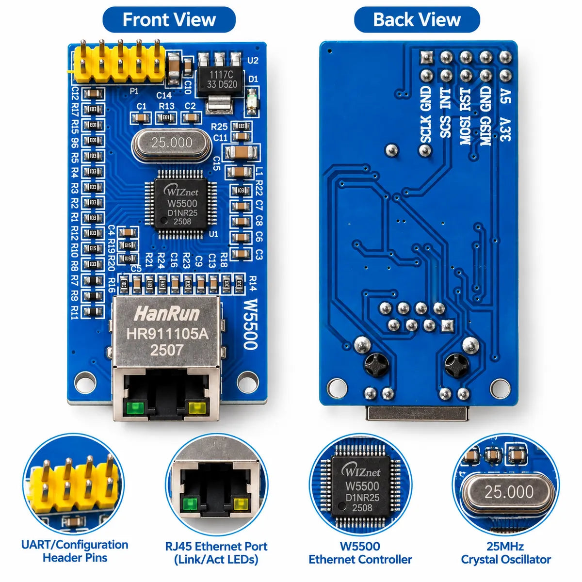 W5500 Ethernet module showing WIZnet W5500 chip and onboard components