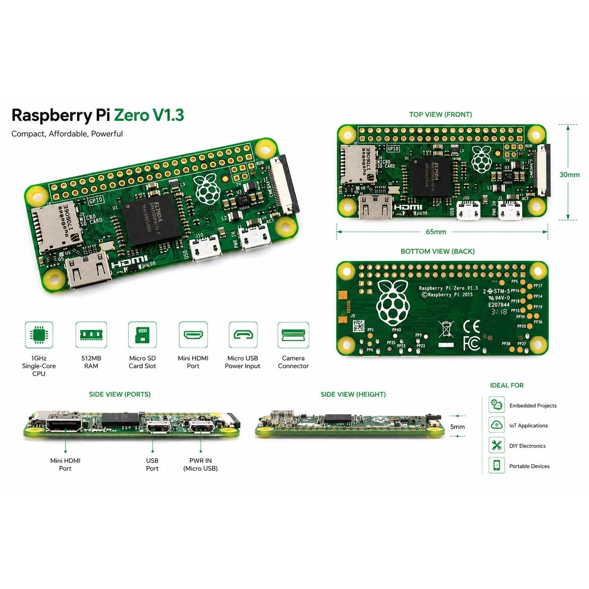 Raspberry Pi Zero V1.3 development board connector layout