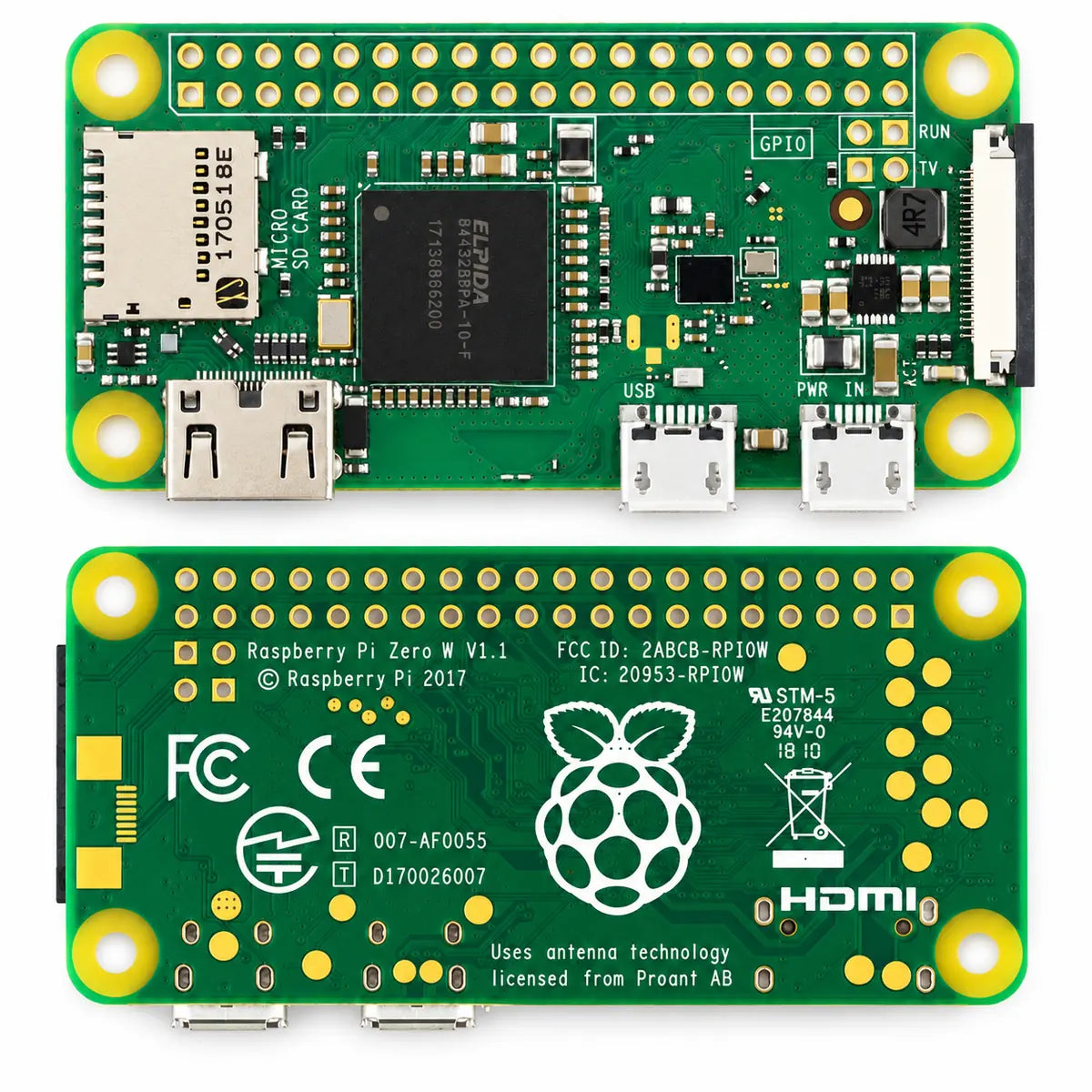Raspberry Pi Zero W V1.1 board showing Mini HDMI and Micro USB ports