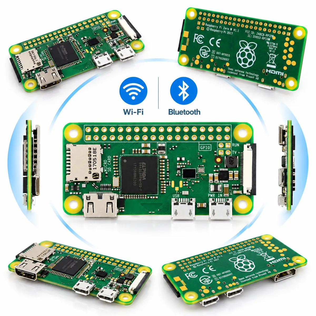 Raspberry Pi Zero W V1.1 board showing Micro USB OTG and power ports