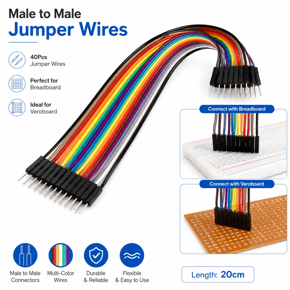Male to male jumper wires connected to a breadboard