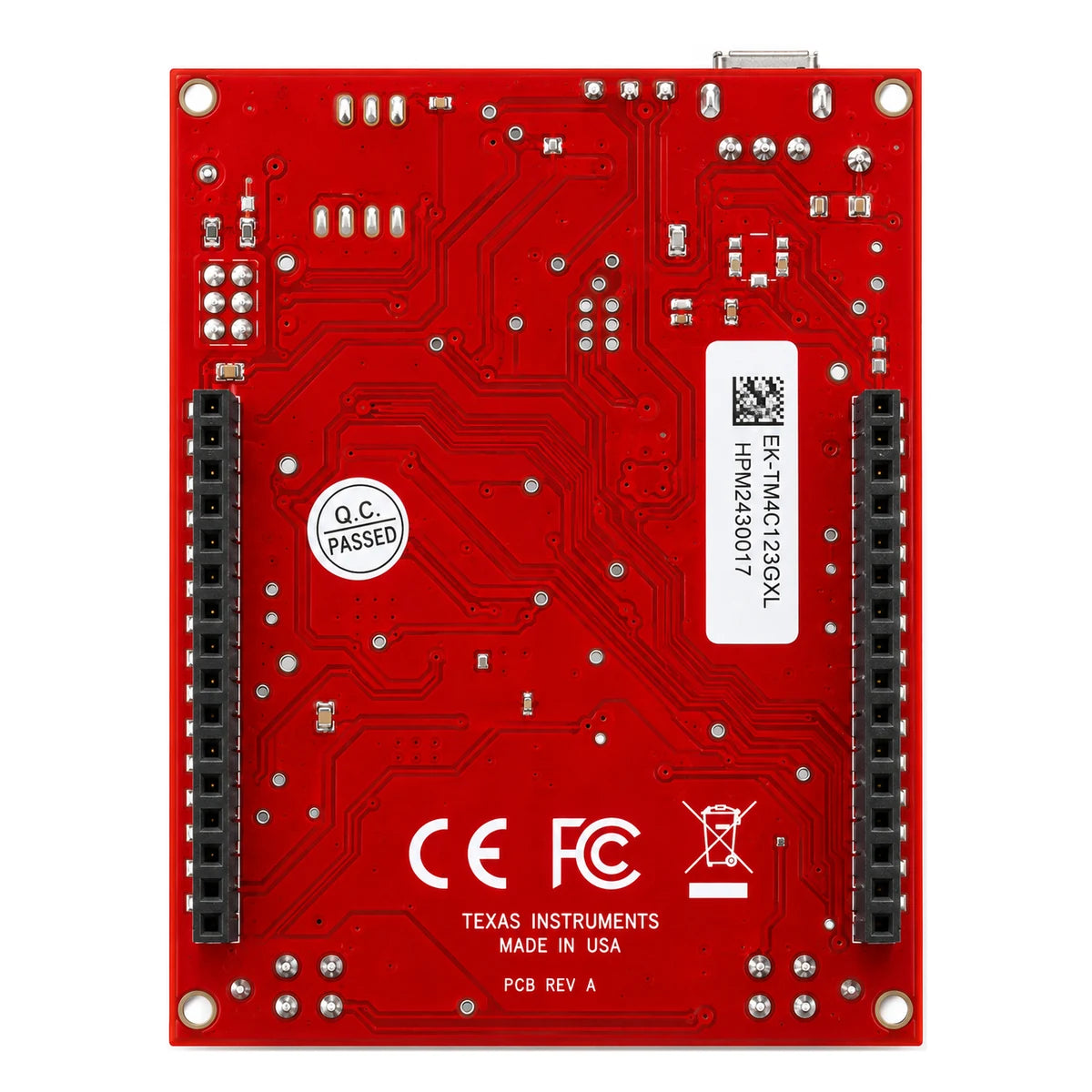 EK-TM4C123GXL board with labelled GPIO pins, power connections and expansion header positions.