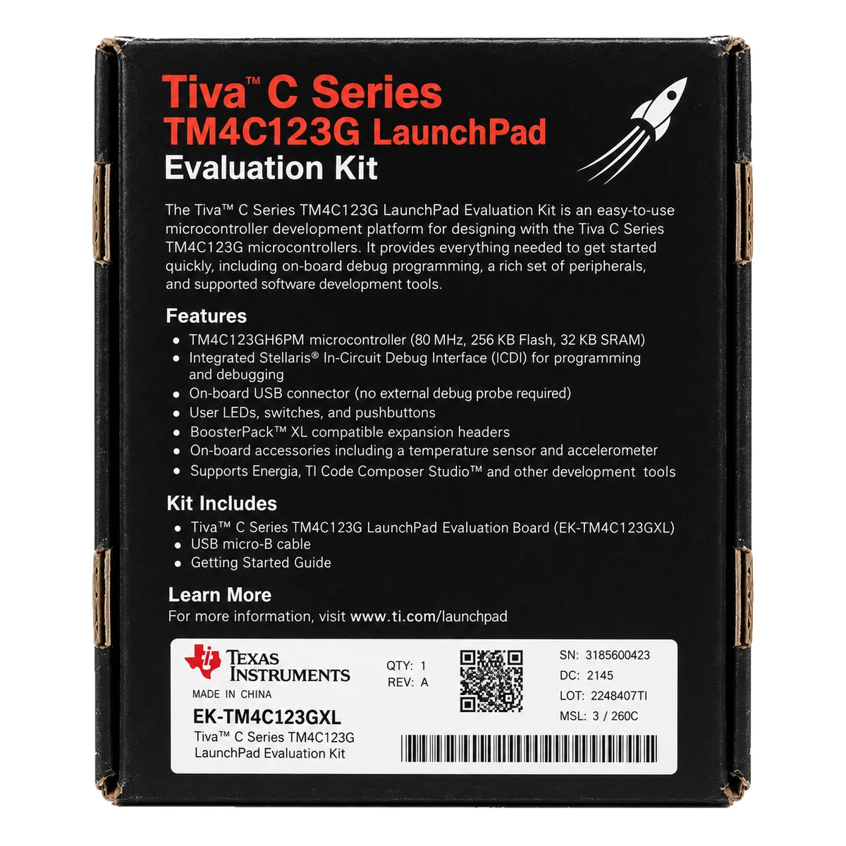 Rear of the Texas Instruments EK-TM4C123GXL LaunchPad showing its red PCB, expansion sockets and product identification label.