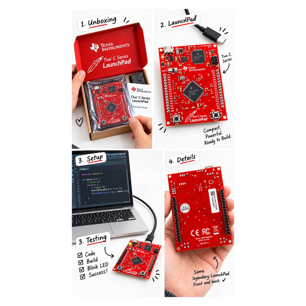 Rear PCB of the Texas Instruments LaunchPad showing the EK-TM4C123GXL identification label and regulatory symbols.