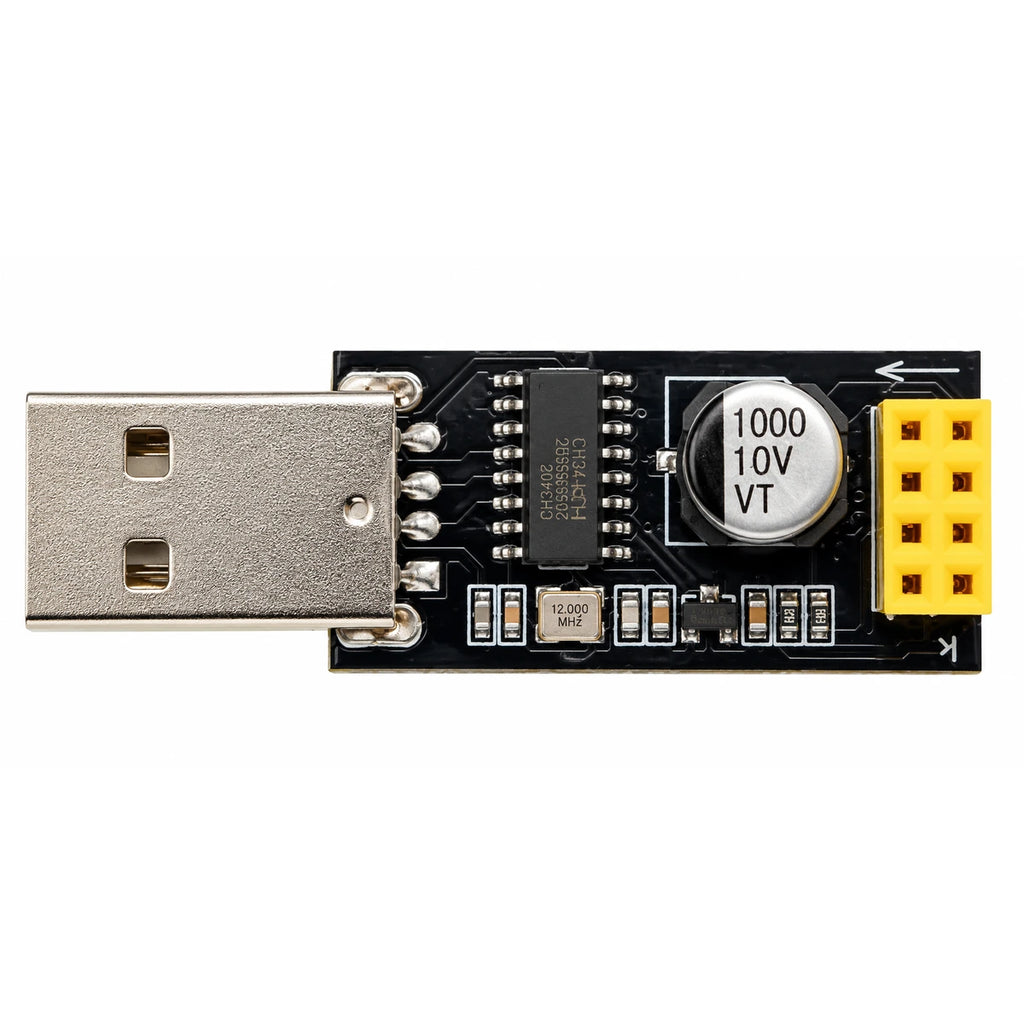 ESP01 CH340 USB serial adapter with a USB-A connector, yellow 8-pin ESP-01 socket and black circuit board.