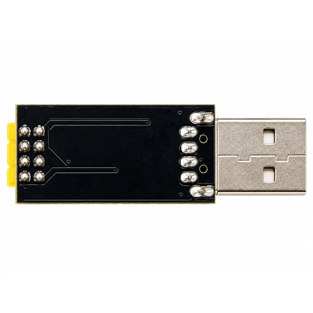 ESP-01 USB adapter showing the rear of its black PCB, solder connections and USB-A plug.