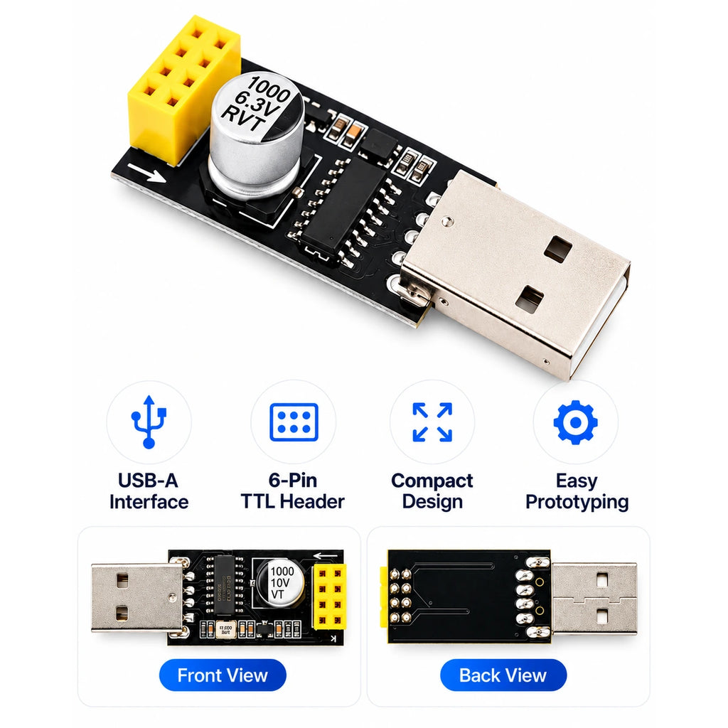 ESP8266 ESP-01 USB adapter showing its CH340-family serial IC, 1000µF capacitor and yellow module socket.
