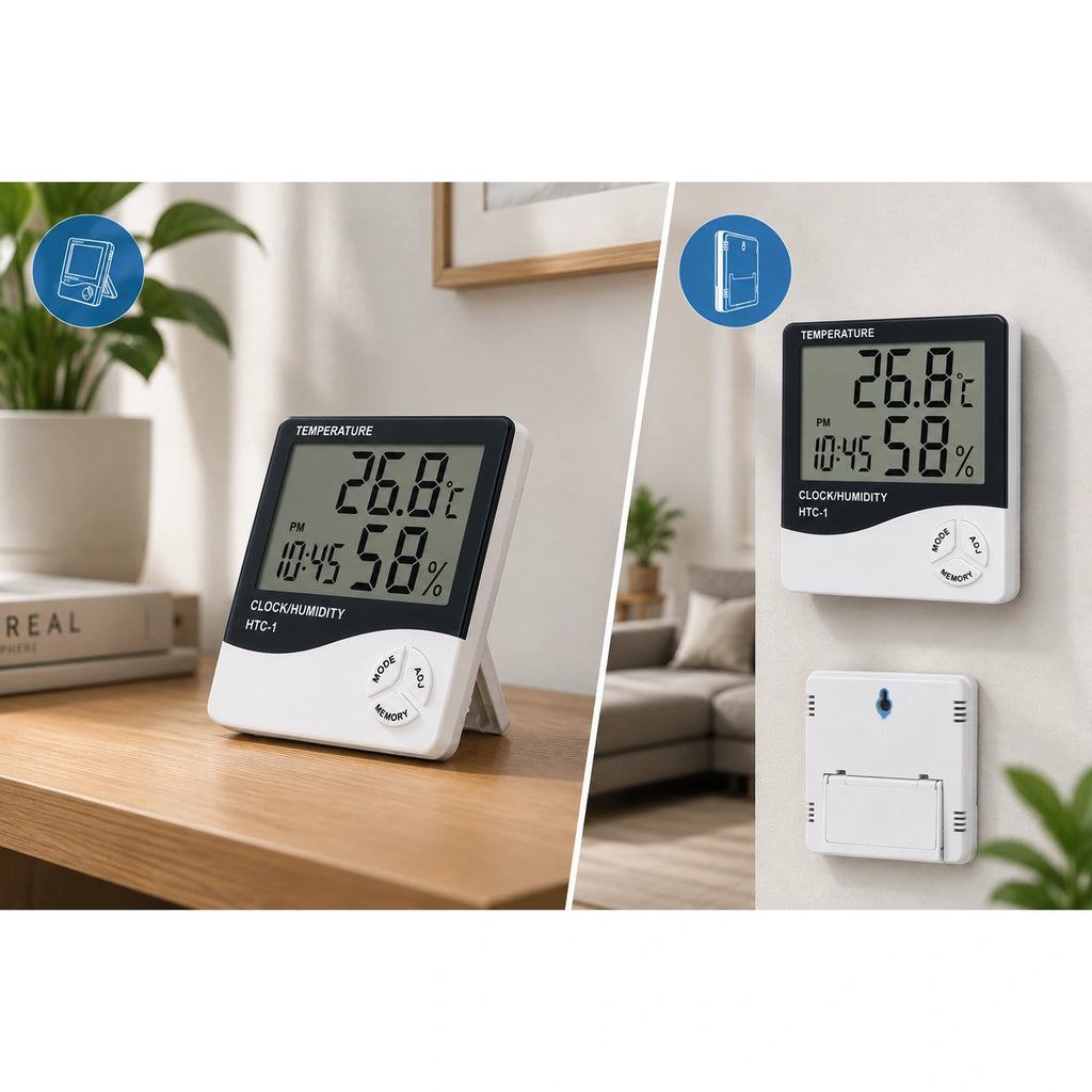 HTC-1 hygrometer showing wall mounting & tabletop