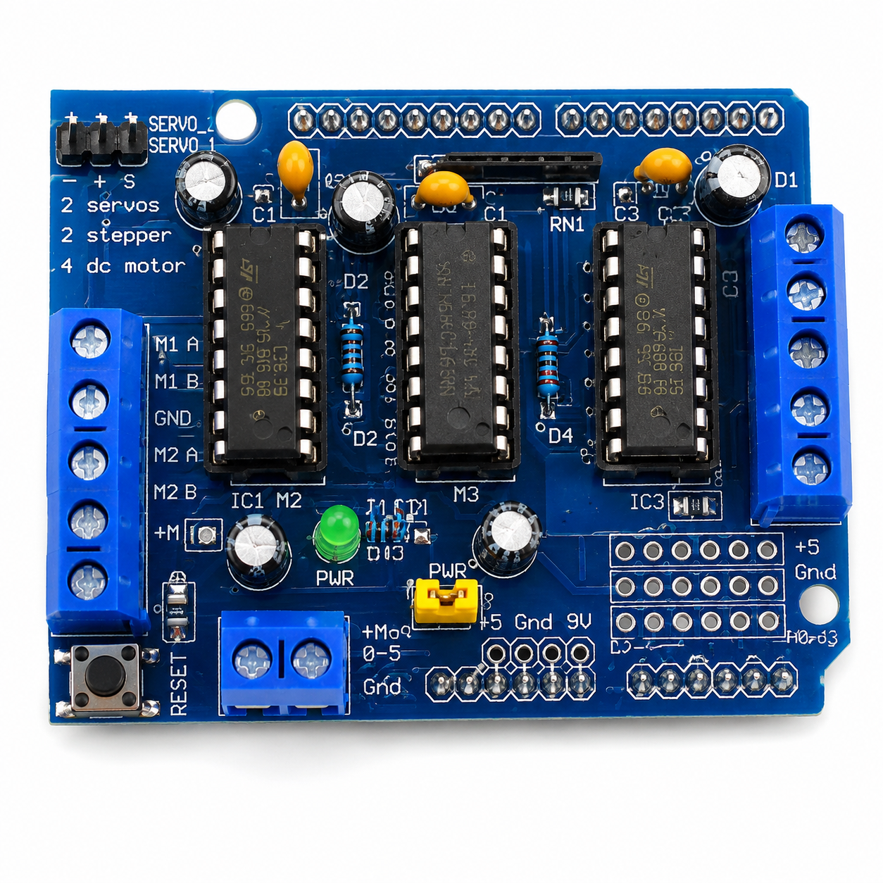 L293D Motor Driver Shield for Arduino Uno front view showing the shield layout, L293D motor driver ICs, connectors, and Arduino headers.