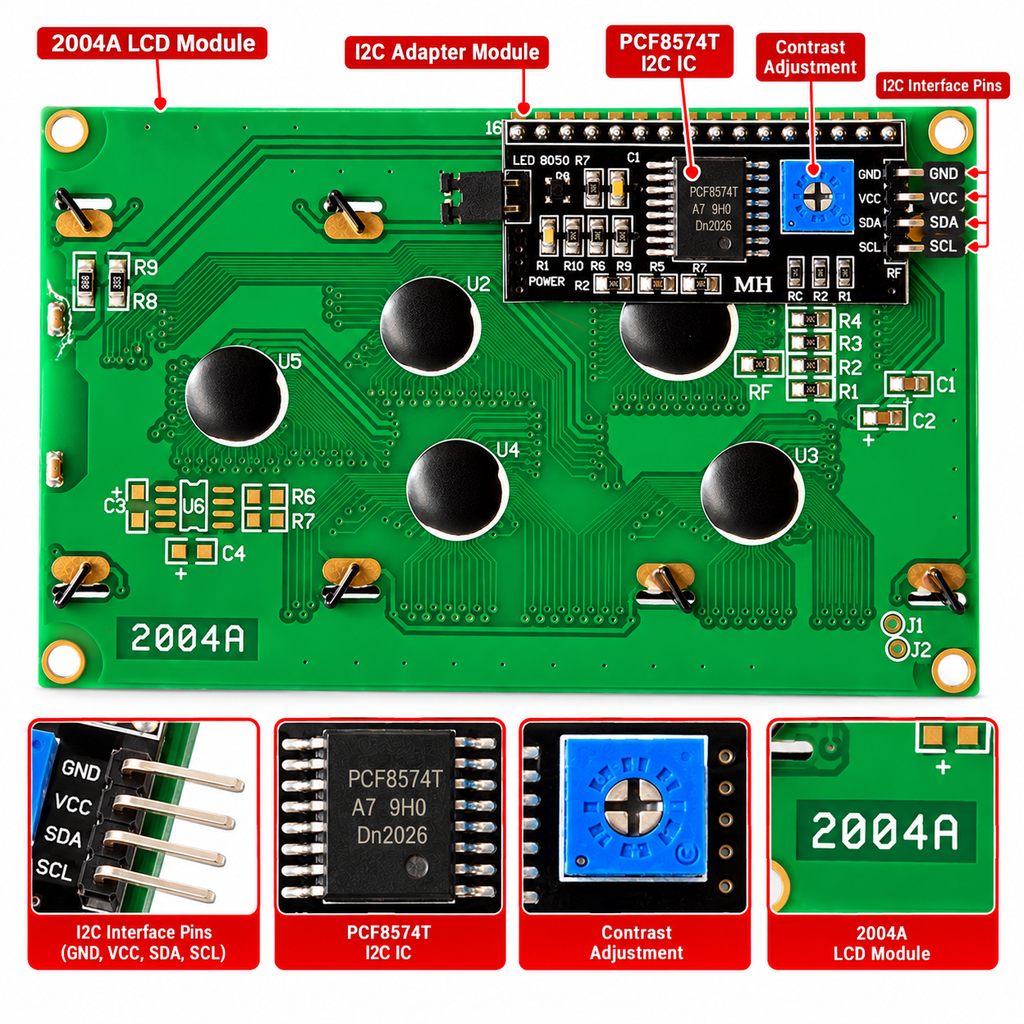 I2C interface module for compatible 16x2 and 20x4 LCDs