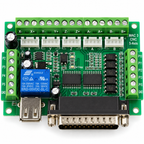 Mach3 5 Axis CNC breakout board with DB25 connector, blue relay, green screw terminals and five white driver connectors.