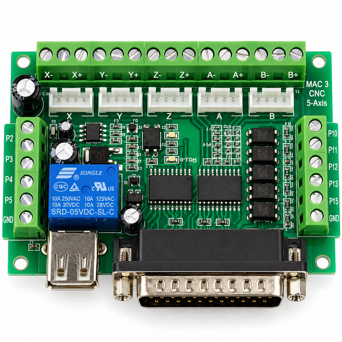 Mach3 5 Axis CNC breakout board with DB25 connector, blue relay, green screw terminals and five white driver connectors.