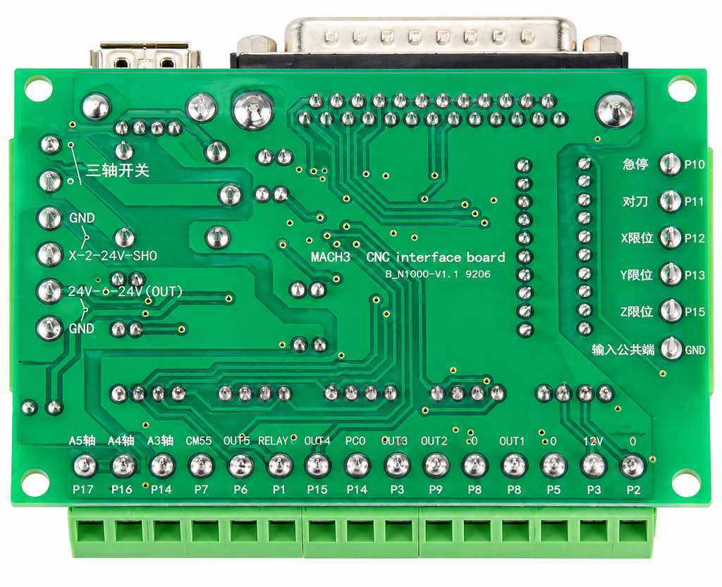Mach3 CNC breakout board rear PCB showing BL-MACH-V1.1 model marking and labelled axis signal connections