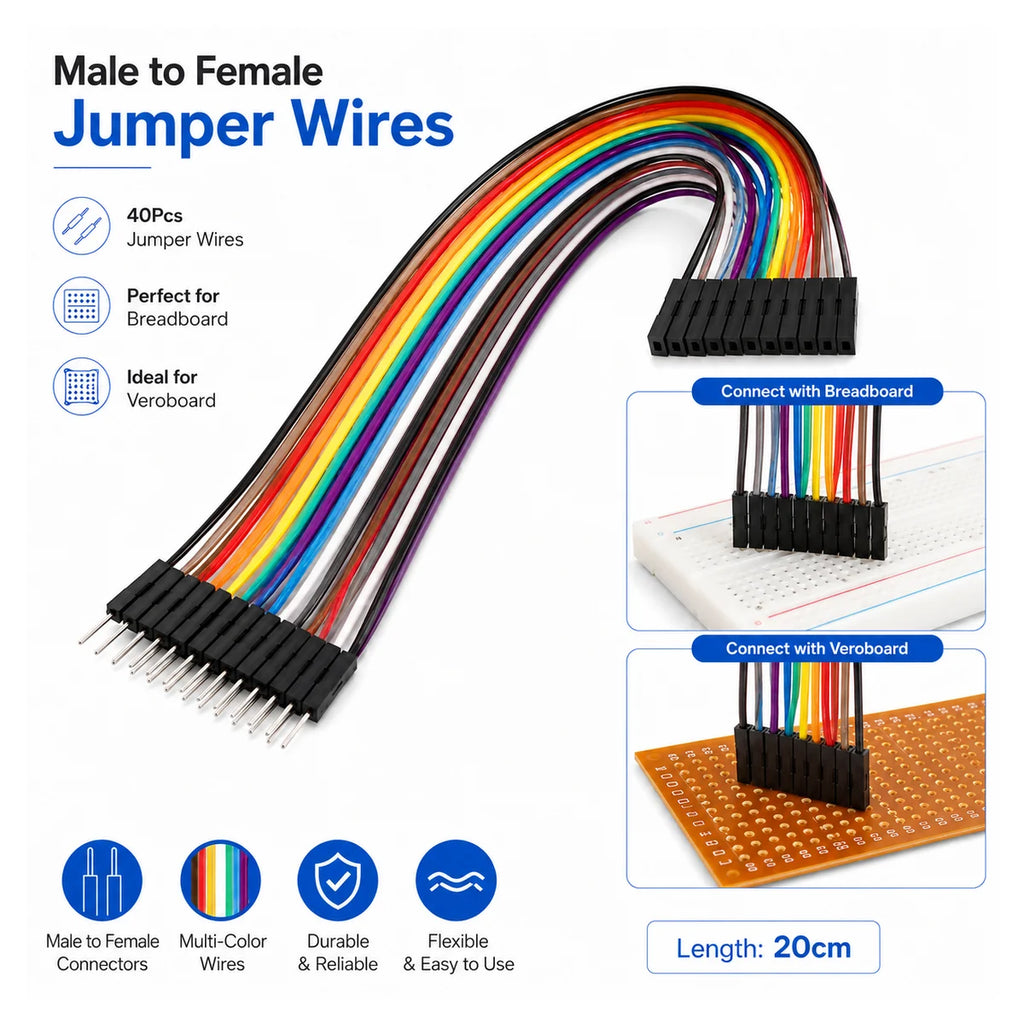 Male to female jumper wires connected to a breadboard