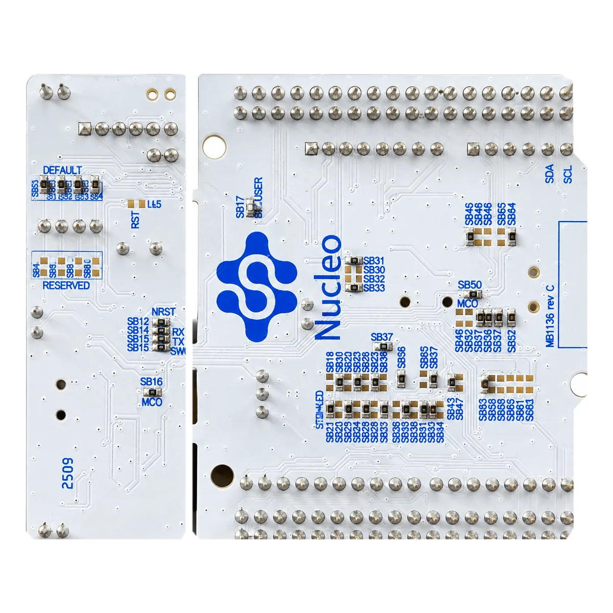 Rear PCB of the STM32 Nucleo F401RE board showing solder connections, Nucleo branding and MB1136 rev C markings.