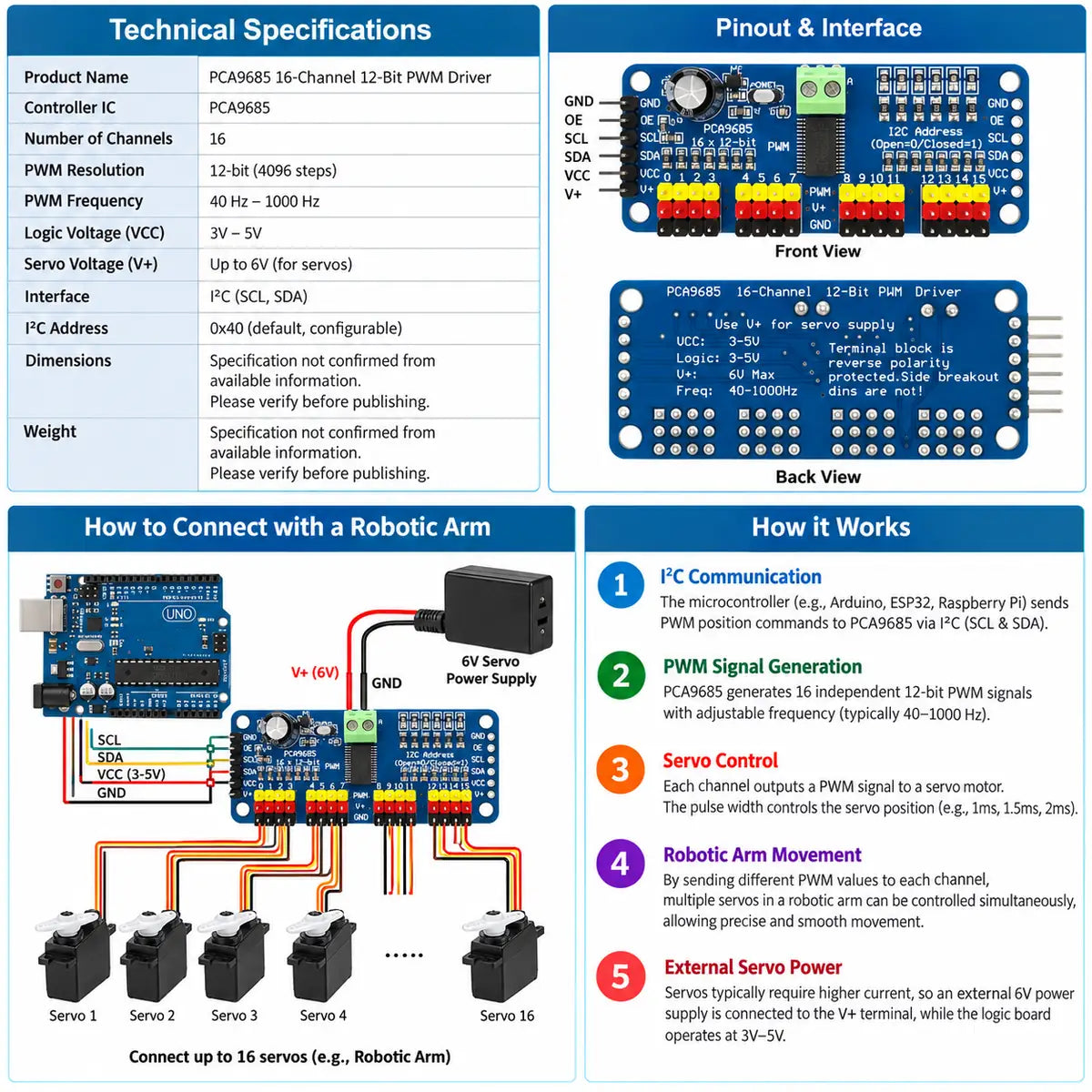 PCA9685 16-channel 12-bit PWM servo driver module