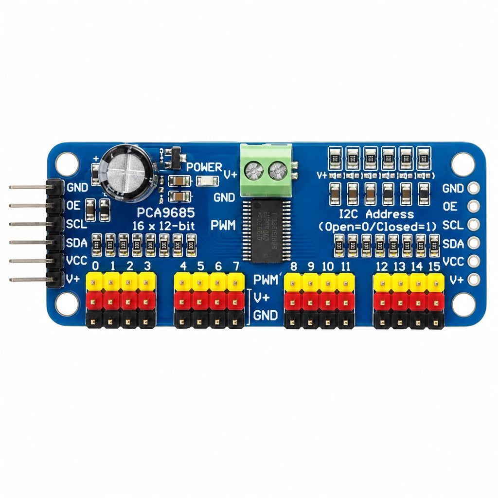 PCA9685 PWM servo controller with I2C address selection