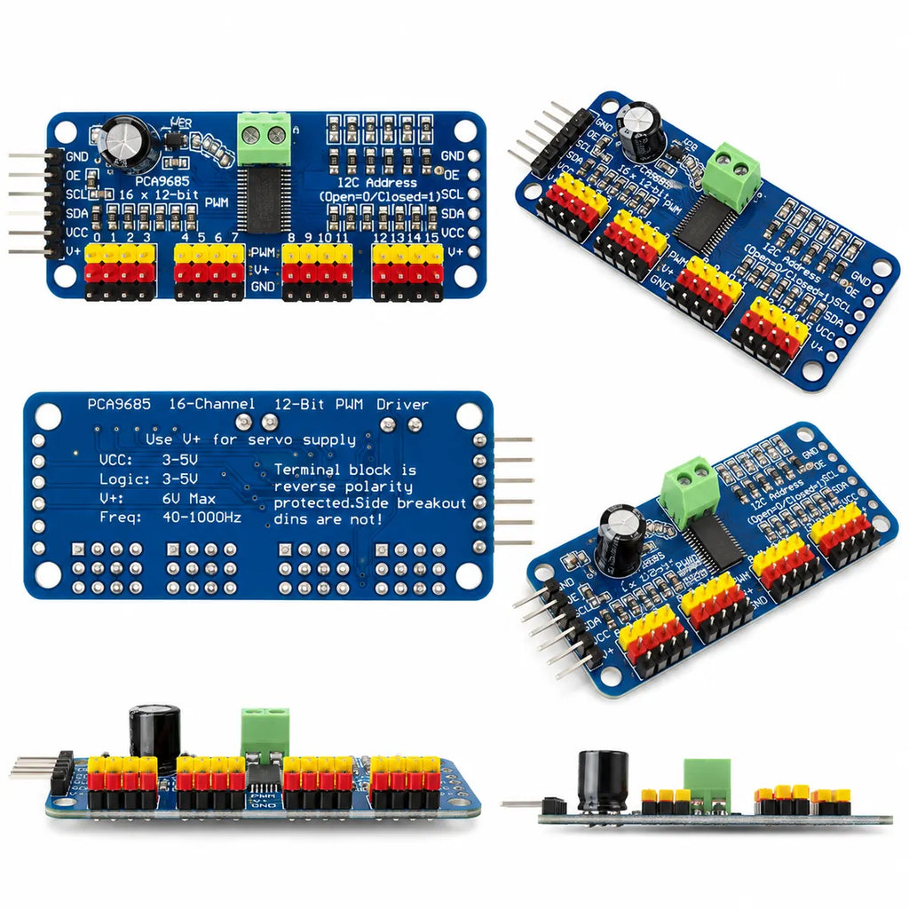 PCA9685 servo driver showing 16 PWM output channels