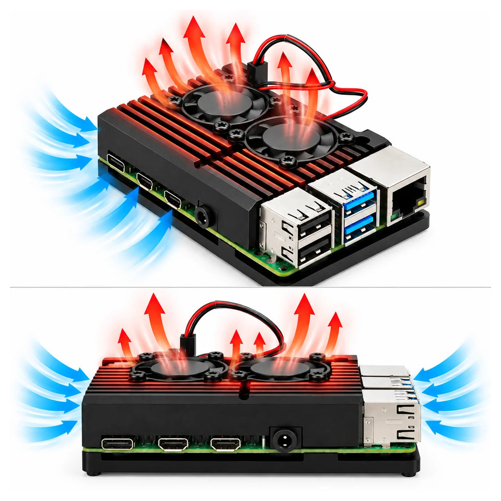 Raspberry Pi 4 Model B installed in dual fan heatsink case