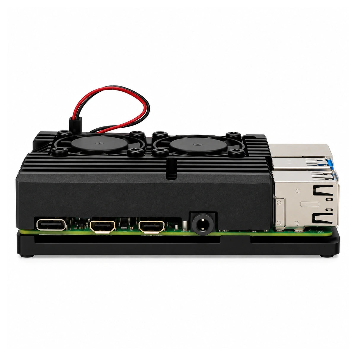 Raspberry Pi 4 cooling case showing USB-C and Micro HDMI access