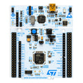 White STM32 Nucleo F401RE development board featuring an ARM Cortex-M4 microcontroller, onboard ST-LINK debugger and expansion headers.