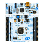 White STM32 Nucleo F401RE development board featuring an ARM Cortex-M4 microcontroller, onboard ST-LINK debugger and expansion headers.