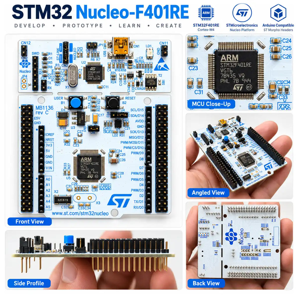 STM32 Nucleo F401RE board shown in a product overview with close-up, angled and rear views.