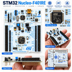 STM32 Nucleo F401RE board shown in a product overview with close-up, angled and rear views.