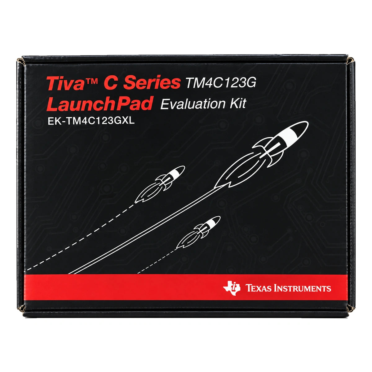 Texas Instruments Tiva C LaunchPad EK-TM4C123GXL development board with red PCB, ARM Cortex-M4F microcontroller and GPIO headers.